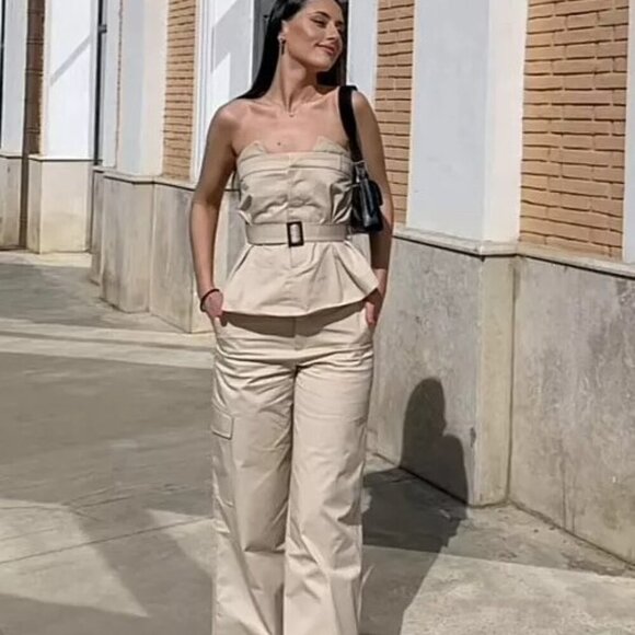 ZARA WOMAN OFF-SHOULDER GABARDINE TOP WITH BELT LT BEIGE SIZE XS 3067/024/721 - Picture 3 of 6